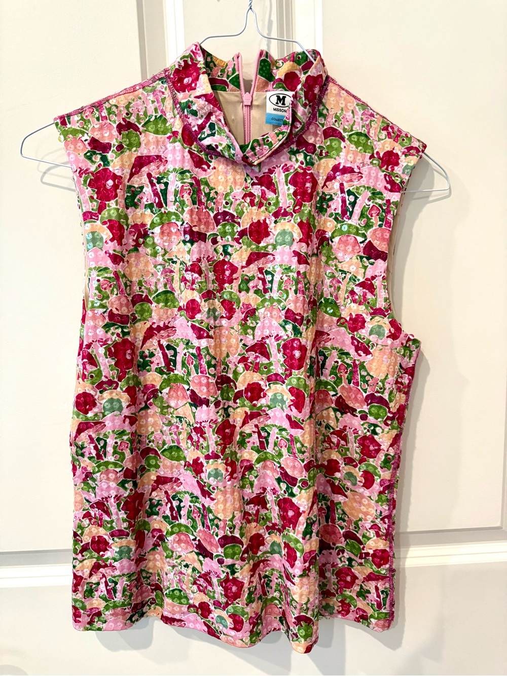 M by Missoni Floral Sleeveless sequin Mock Neck Top in Pink & Green, medium.